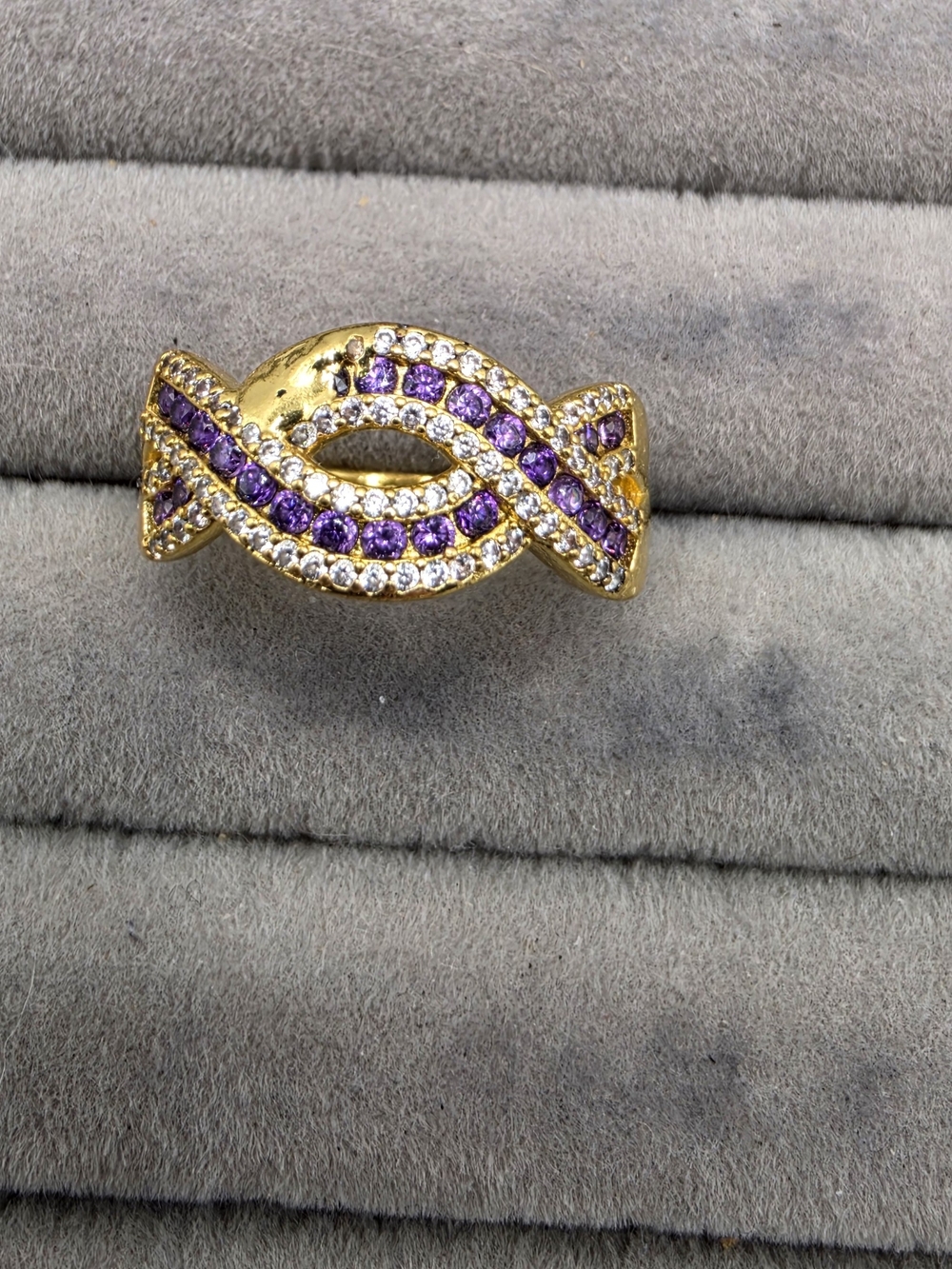 Gold-Tone Purple & Clear Crystal Twisted Statement Ring Size 9 1/2